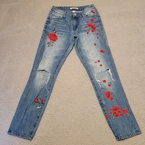 Womens Refuge Blue Pants Rose Embroidered Straight Leg Size 0 Measures 23x28
